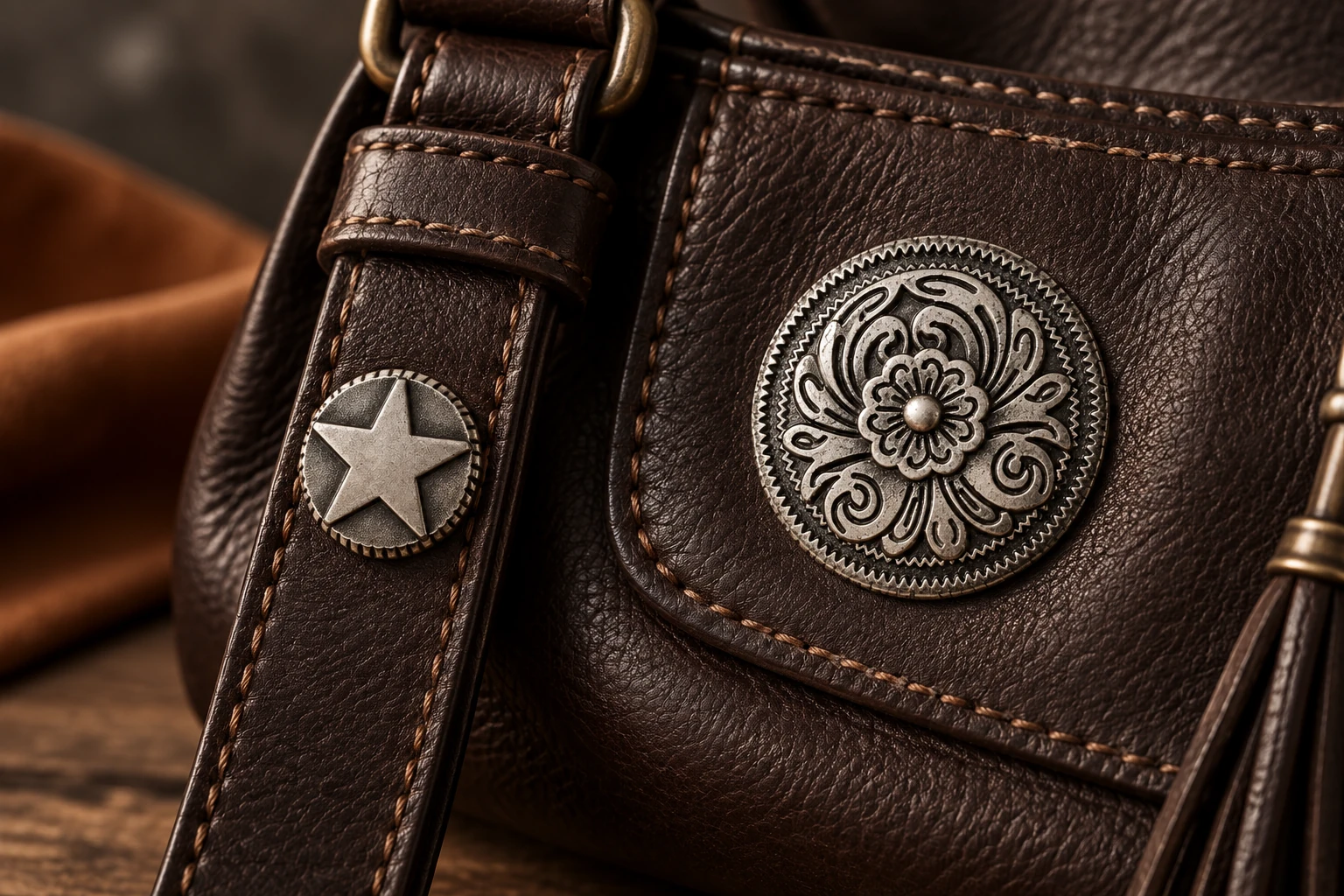 Styled leather bag with star and floral metal accents